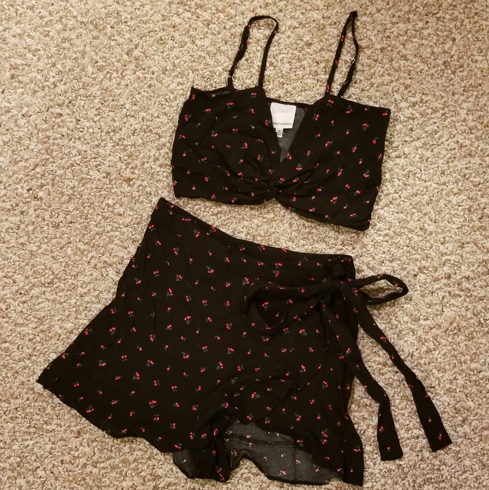 2 Piece Black Cherry Print Crop Top and Shorts